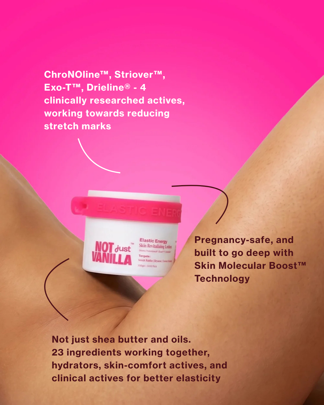 Elastic Energy stretch mark cream with ChroNOline, Striover, Exo-T and Drieline actives, pregnancy-safe