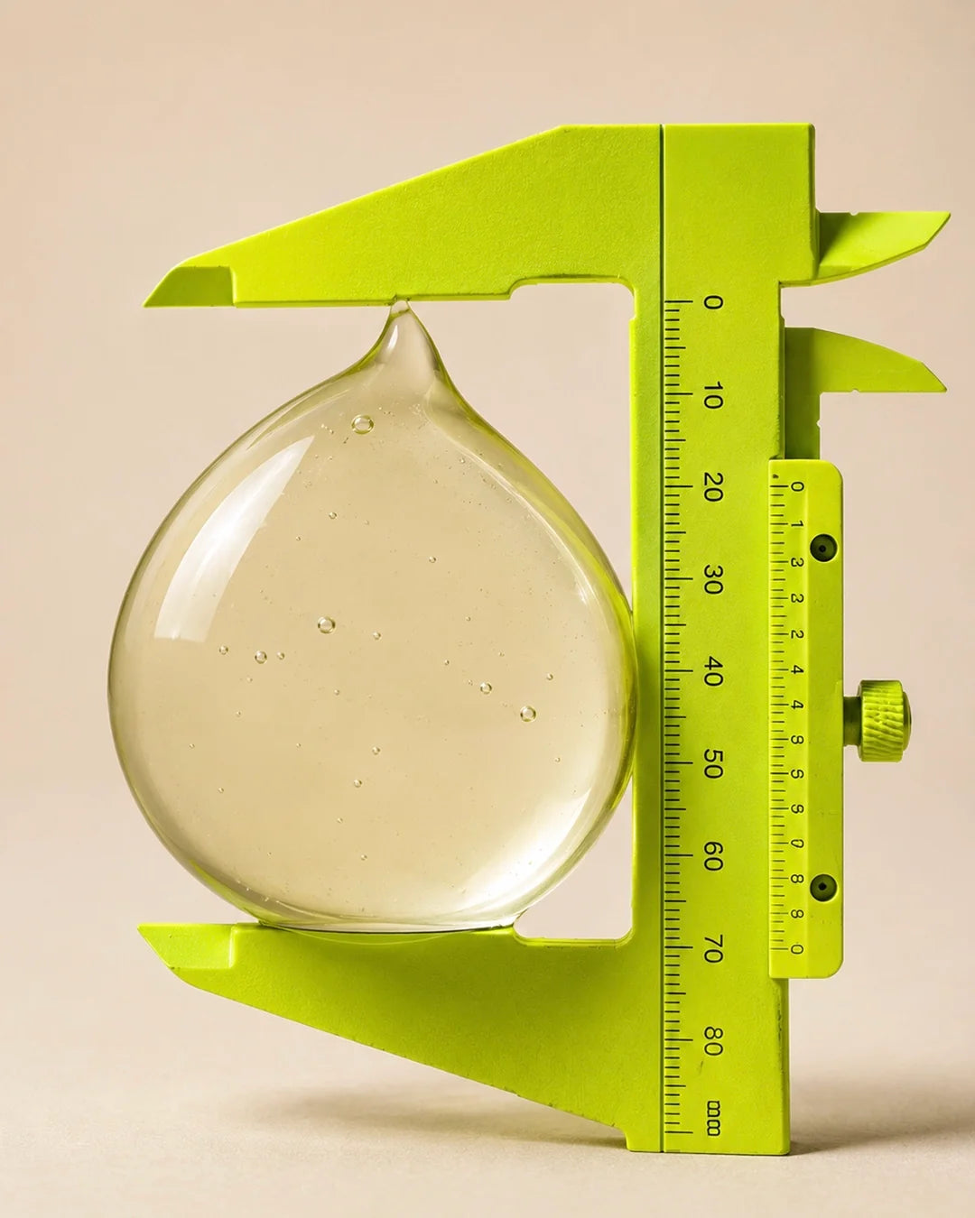 A large translucent gel droplet held between the jaws of a bright green measuring caliper, symbolizing precise, clinically measured skincare formulation.