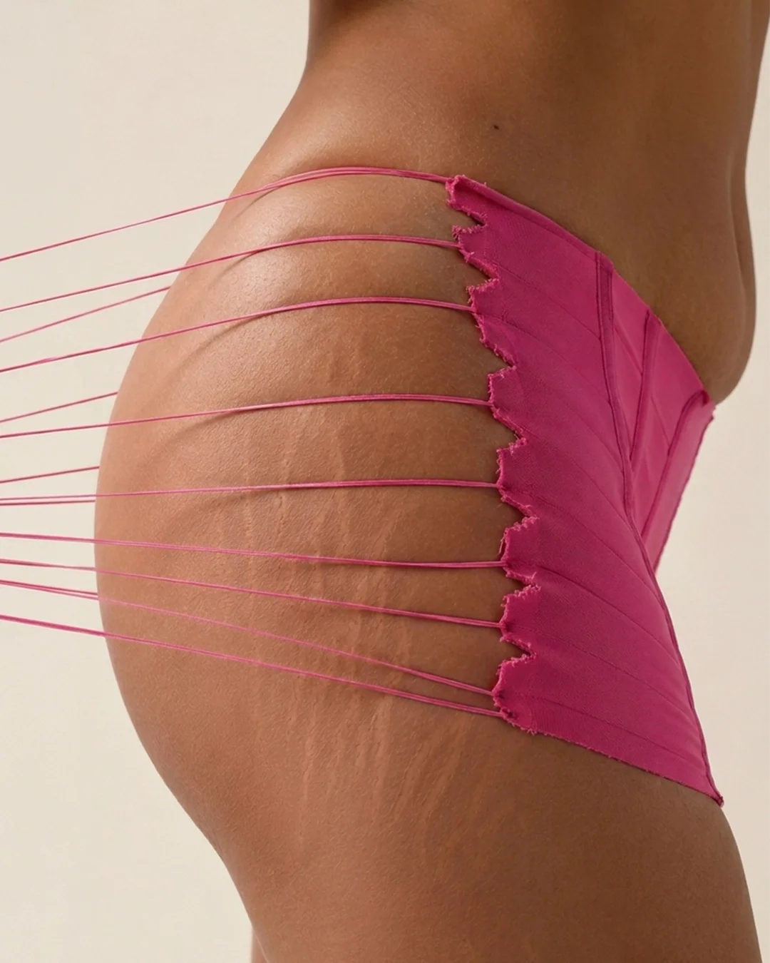 Close-up side profile of a hip and thigh with visible stretch marks, overlaid with thin pink threads radiating outward from the torn edge of a hot pink fabric garment — a visual metaphor for skin fibers stretching and tearing.