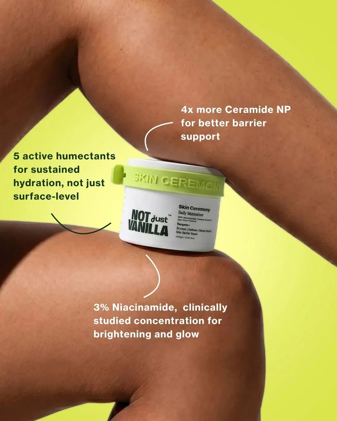 Skin Ceremony jar on skin with Ceramide NP, 5 humectants and 3% Niacinamide ingredient callouts